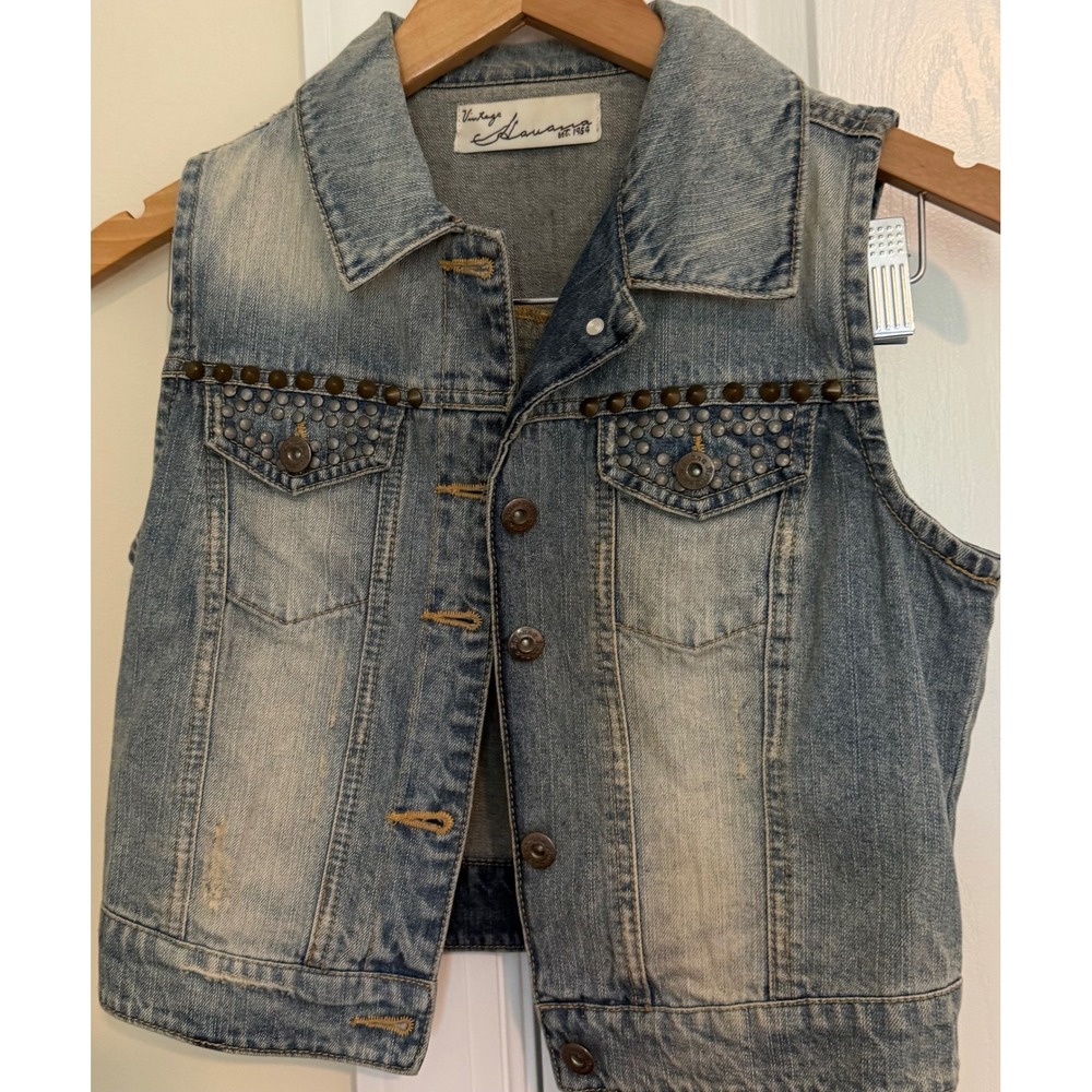 Vintage Havana Studded Denim Vest Light Wash Cropped Western Style PQ28 Small